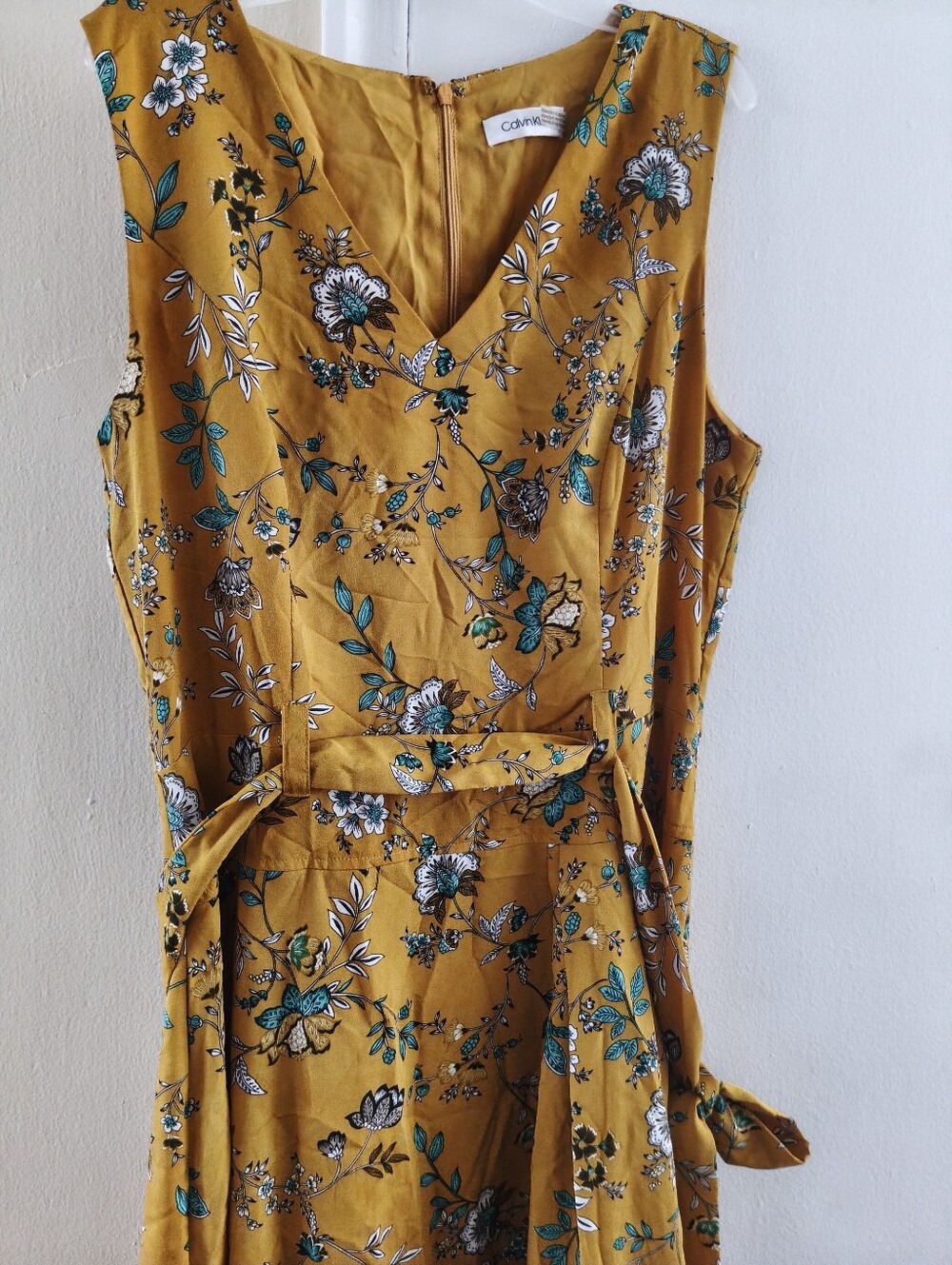 Calvin Klein Mustard Floral V-Neck Sleeveless Dress